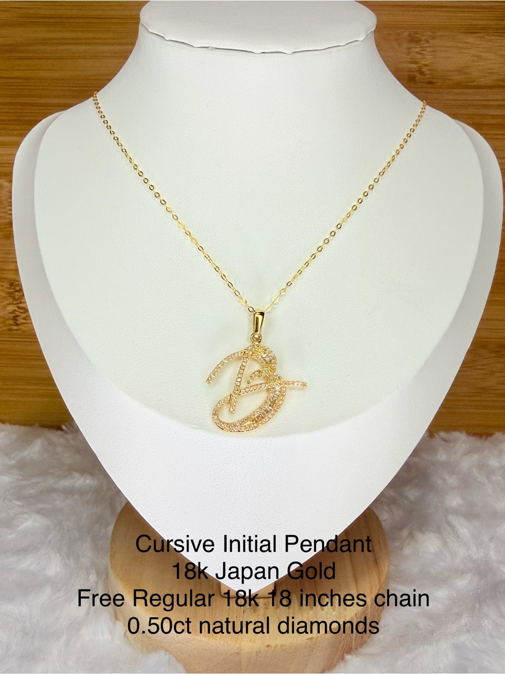 Cursive Initial 'B' Pendant Necklace in 18k Gold with Diamonds